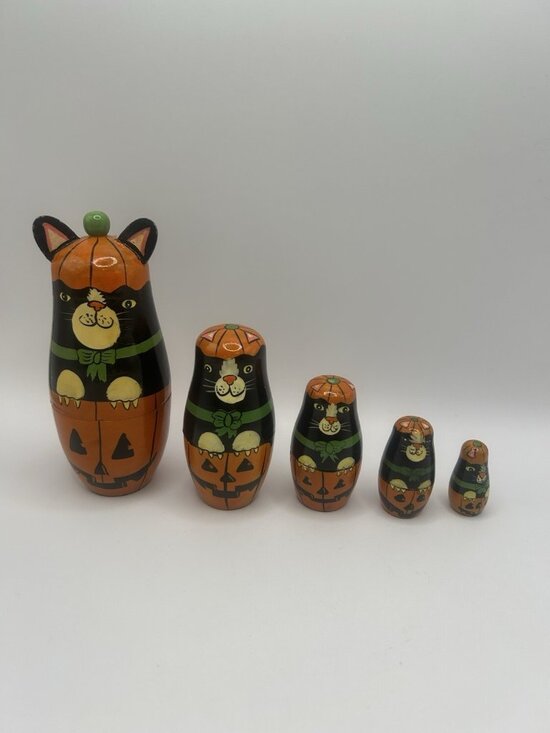 Unbranded Other - Halloween Kitty Cat Pumpkin Hand-Painted Wood Stacking Nesting Dolls Five Vtg